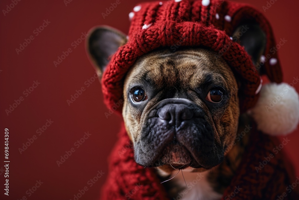 French Bulldog smiling wearing a Christmas hat, portrait,