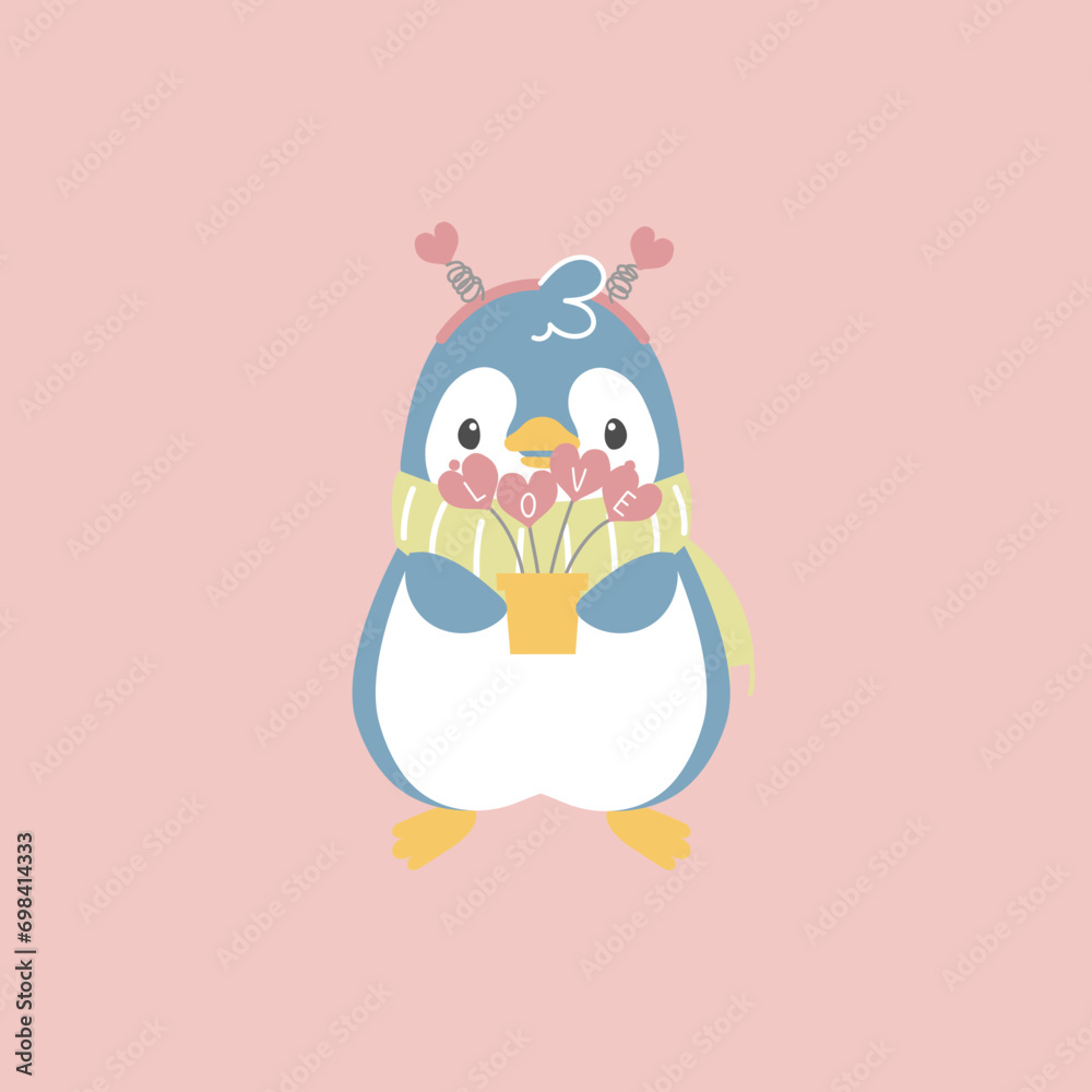 cute and lovely penguin holding heart shape plant, happy valentines day, birthday, love concept, flat vector illustration cartoon character costume design