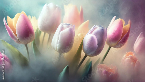 Piękne wiosenne kwiaty, tulipany, w pastelowych kolorach, doskonała dekoracja ścienna, tapeta, generative ai © Elżbieta Kaps