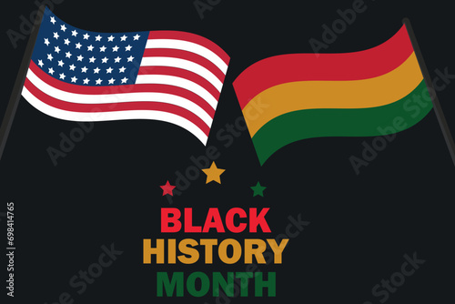 Black History Month. African American history month celebration. Abstract red, yellow, green color flag and American flag on black paper background