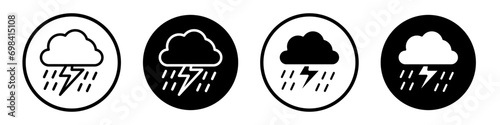 Thunderstorm icon set. Storm weather cloud lightning vector symbol. rain thunder sign in filled and outlined style. photo