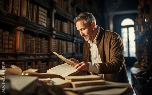 Middle Aged Explorer in Historical Archives