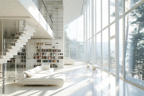 Modern bright library with a minimalist interior. photo