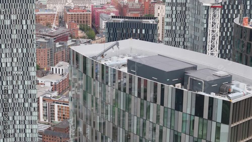 Top aerial view of Deansgate Square luxury residential towers in Manchester, UK photo