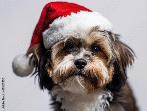 Shih Tzu smiling wearing a Christmas hat, portrait