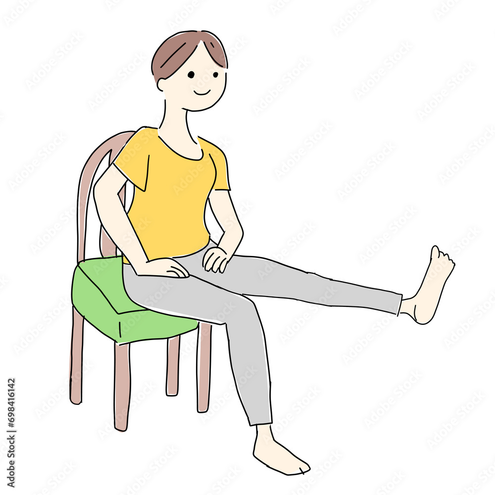 座って足あげ体操をする女性のかわいい手書きイラスト1