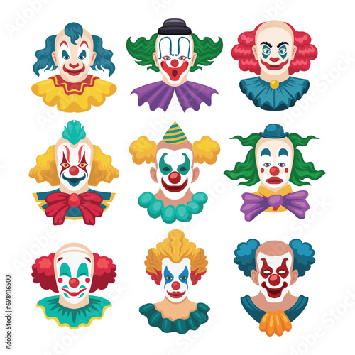 Set of isolated clowns faces with scary heads painted noses eyebrows red lips and funny hats with cartoon style, Clown Head set, avatar, vector illustration, isolated on white background.