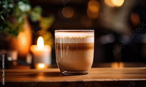 Artistic Flat White Coffee with Latte Art in a Warmly Lit Living Room