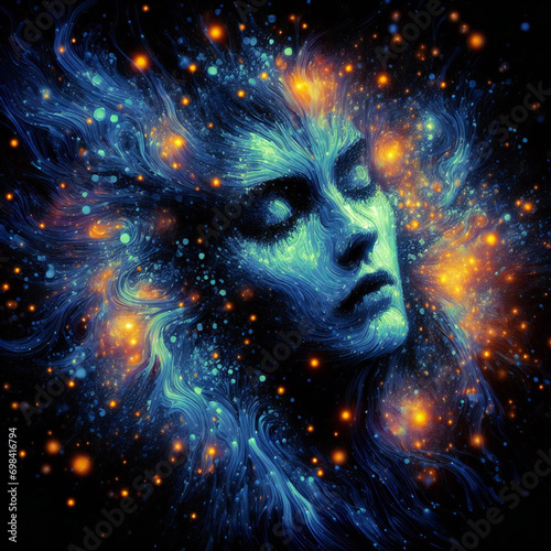 portrait of a cosmic goddess of splashes neon galaxies