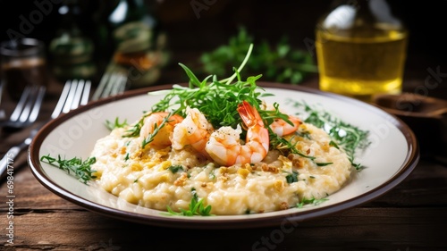 Creamy risotto with shrimps fried prawns, parmesan cheese, fresh herbs on the plate on the wooden table 