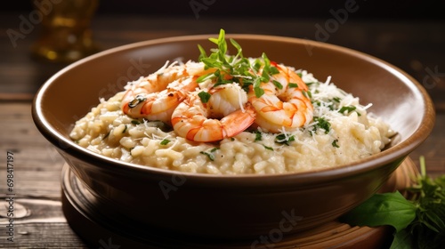 Creamy risotto with shrimps fried prawns, parmesan cheese, fresh herbs on the plate on the wooden table  photo