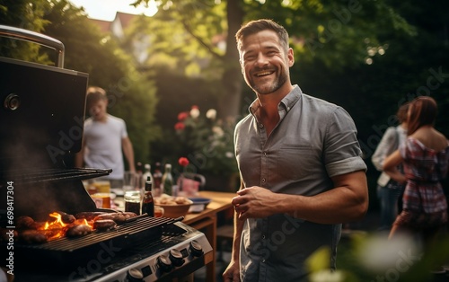 Adult Man Relishing Barbecue at Lively Backyard Summer