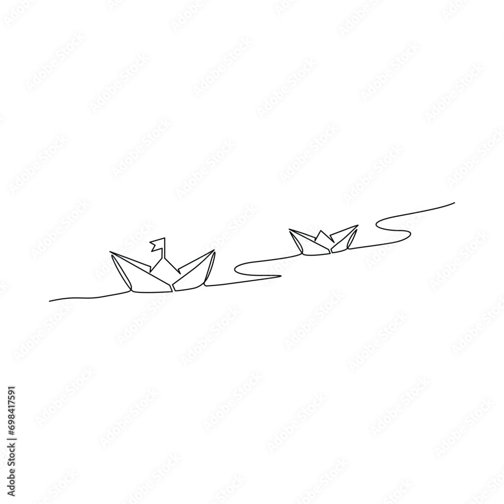 Continuous one-line paper boat vector drawing on water, outline-style single-line illustration art