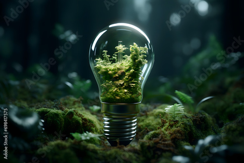 renewable energy light bulb with green energy, Earth Day or environment protection Hands protect forests that grow on the ground and help save the world, solar panels