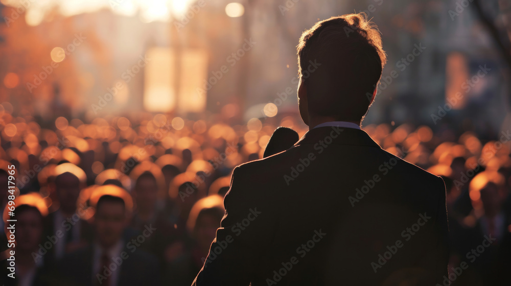 Back view of a white caucasian male politician doing a speech outdoor in front of a crowd of members of a political party - obrazy, fototapety, plakaty 