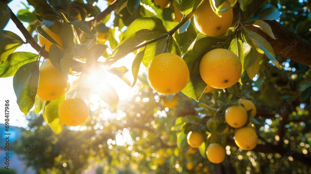 Lemons ready to harvest on the farm. Morning light view. Lemons ready for picking Lemons ready to harvest on the farm. Morning light view. Lemons ready for picking