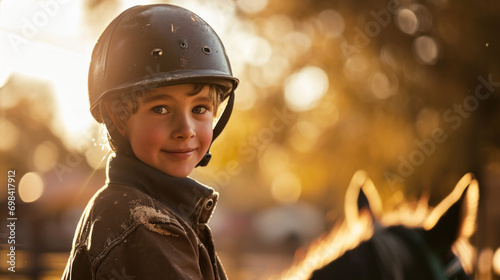 Happy boy kid at equitation lesson looking at camera while riding a horse, wearing horseriding helmet © Keitma