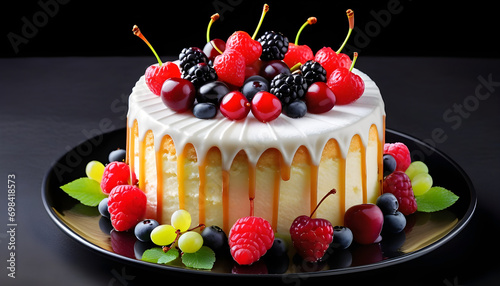 Delicious bakery cake background with white icing coved vanilla cheese cake filled with different color berry fruit and grapes in black background 