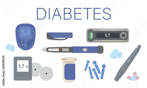 Diabetes treatment equipment set. Glucometer, insulin syringe pen, blood glucose monitor, lancets, glucometer strips, pills. Medical equipment set isolated on white background. Vector illustration.