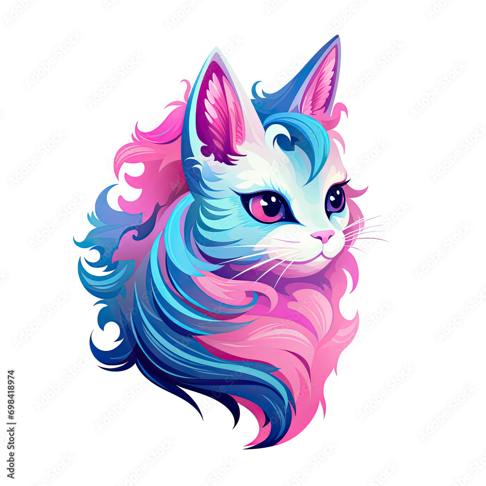 Portrait of a cat in blue and pink. Isolated, stylized illustration without background