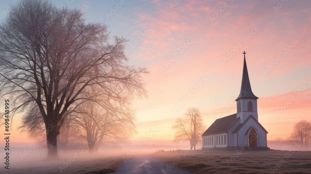 Serene Sunrise Over Country Chapel Amidst Misty Trees