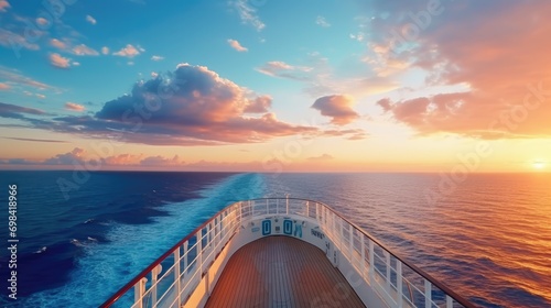 Front deck view of cruise ship. Panoramic view of the sea with a beautiful sunset just above the horizon