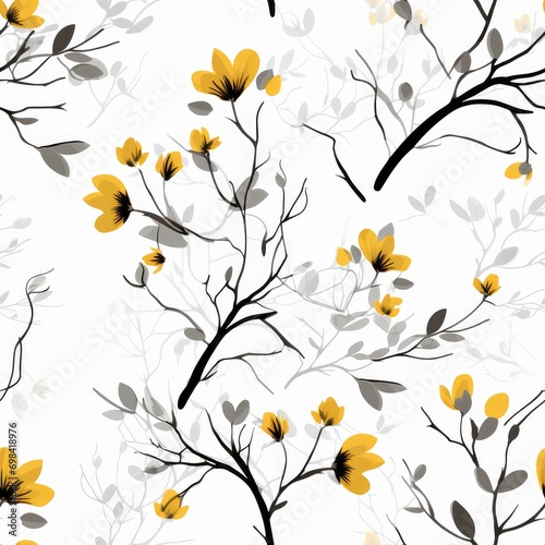Watercolor seamless pattern with yellow flowers. White background, yellow flowers with black and gray branches, seamless pattern wallpaper.