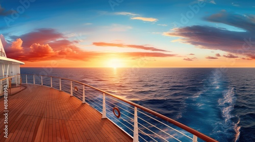 Front deck view of cruise ship. Panoramic view of the sea with a beautiful sunset just above the horizon