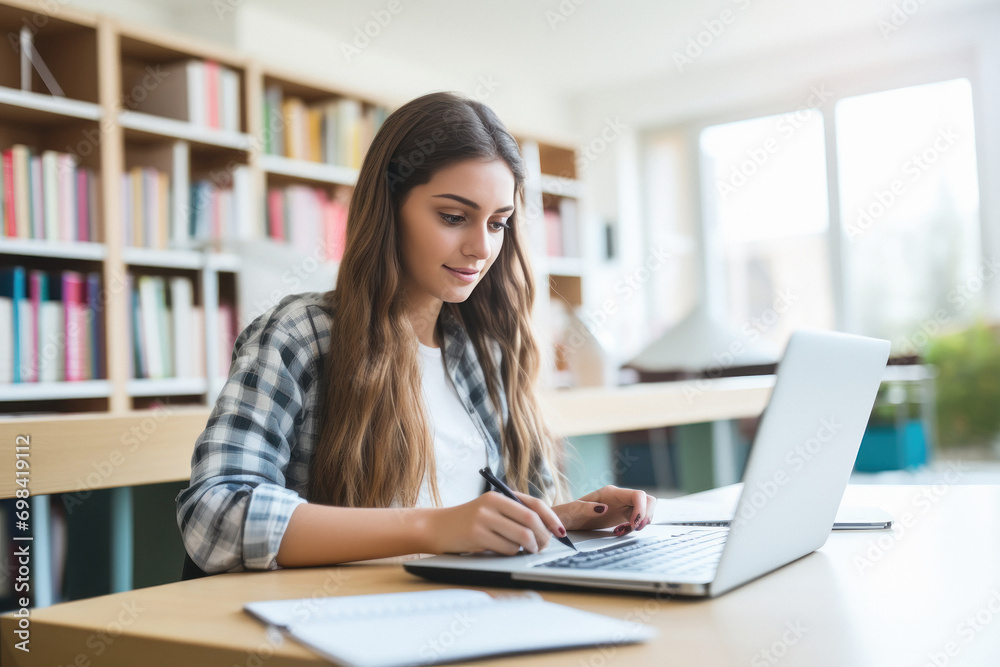 college girl using laptop at library college girl using laptop at library