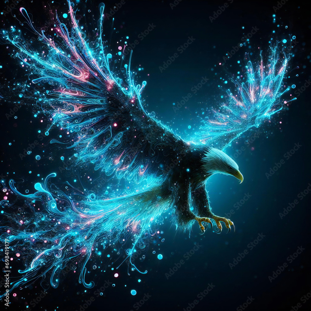Naklejka premium bioluminescent of neon glow with sparkle flying eagle