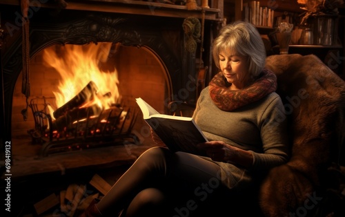 Cabin Reading Retreat Senior Woman Lost in a Book