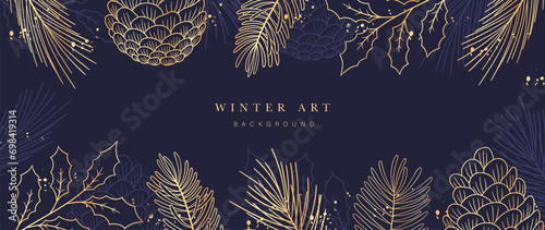 Winter night festival background vector illustration. Luxury pinecone, pine leaves, holly, glitter gold texture on navy blue background. Design for poster, wallpaper, banner, card, decoration. photo