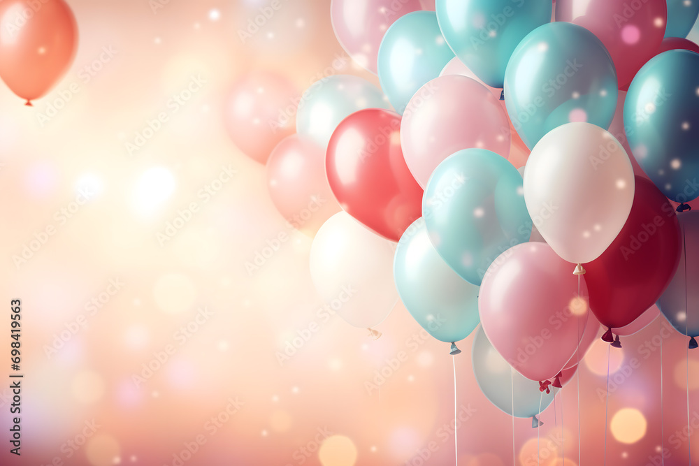 birthday party balloons, colourful balloons background and birthday cake with candles