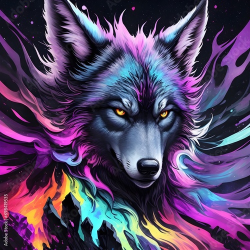 Portrait of Wolf Nebulosa Galaxy for trendy T-shirt design or tattoo style. Closeup Front view of the wolf. Trendy Apparel. Photorealistic