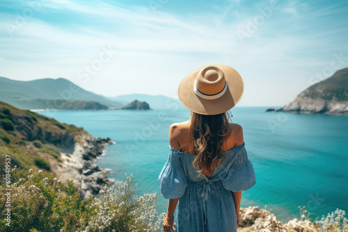 woman in a straw hat standing near the ocean looking at a view