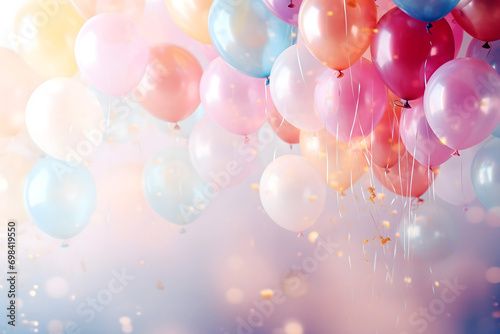 birthday party balloons, colourful balloons background and birthday cake with candles photo