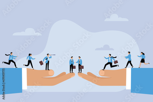 Business people and team standing on handshake 2d flat vector illustration