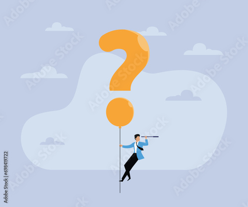 Businessman hanging question mark balloon and holding telescope looking for answers 2d flat vector illustration