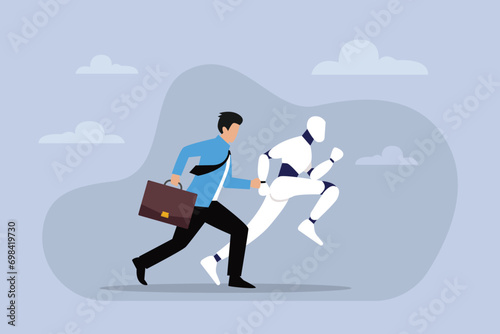 business man and robot running artificial intelligence technology competition 2d flat vector illustration