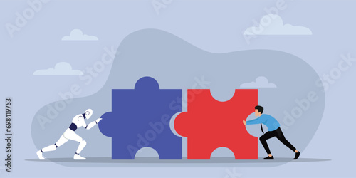 Futuristic robot solves jigsaw puzzle together with a businessman 2d flat vector illustration
