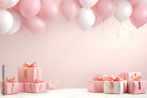 birthday party balloons, colourful balloons background and birthday cake with candles © fadi
