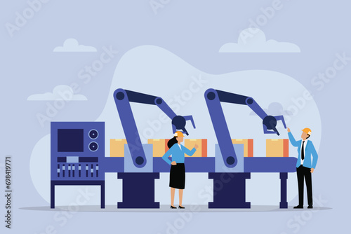 Smart industry: engineers monitoring and controlling a robotic arm 2d flat vector illustration