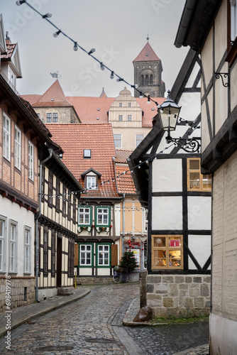 Quedlinburg in Germany  old town street with historic buildings