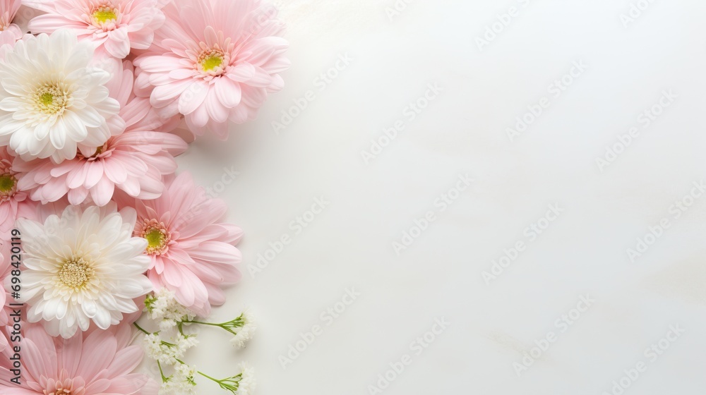 a spring postcard. white and pink chrysanthemums on a light background with copy space