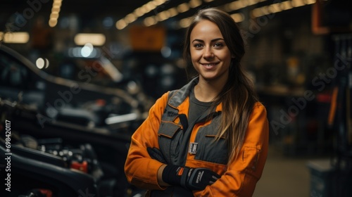 young woman auto mechanic on the background of a car repair shop