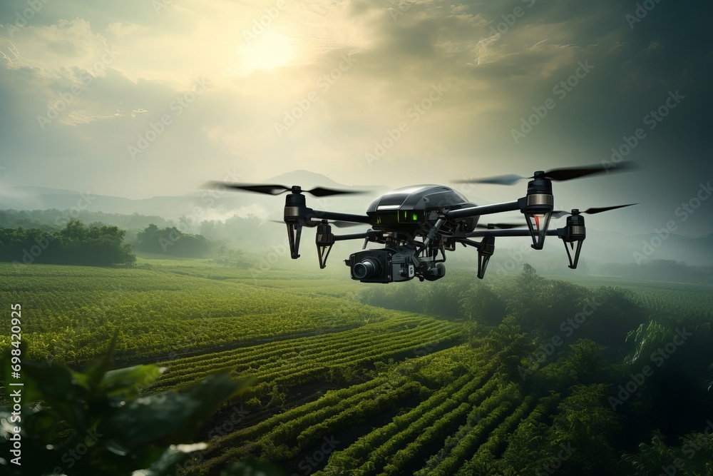 Drone Spraying Water in Farms, fertilizer or chemical Spray, Smart agriculture farming Concept, Flying Drone Drone Spraying Water in Farms, fertilizer or chemical Spray, Smart agriculture farming Concept, Flying Drone