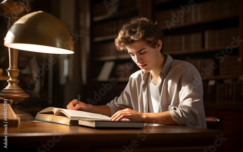 Academic Endeavor Teen Works on Homework in a Quiet Library