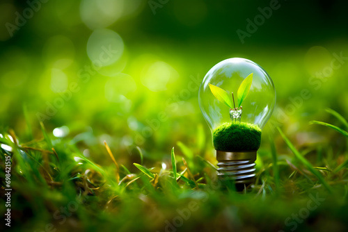 renewable energy light bulb with green energy, Earth Day or environment protection Hands protect forests that grow on the ground and help save the world, solar panels