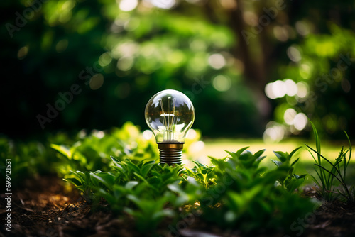 renewable energy light bulb with green energy, Earth Day or environment protection Hands protect forests that grow on the ground and help save the world, solar panels