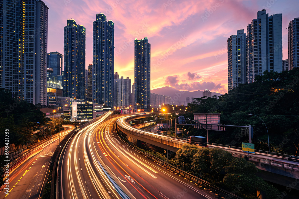 dynamic and bustling nature of rapid urban development: towering skyscrapers, busy highways with modern vehicles, and advanced technology in use